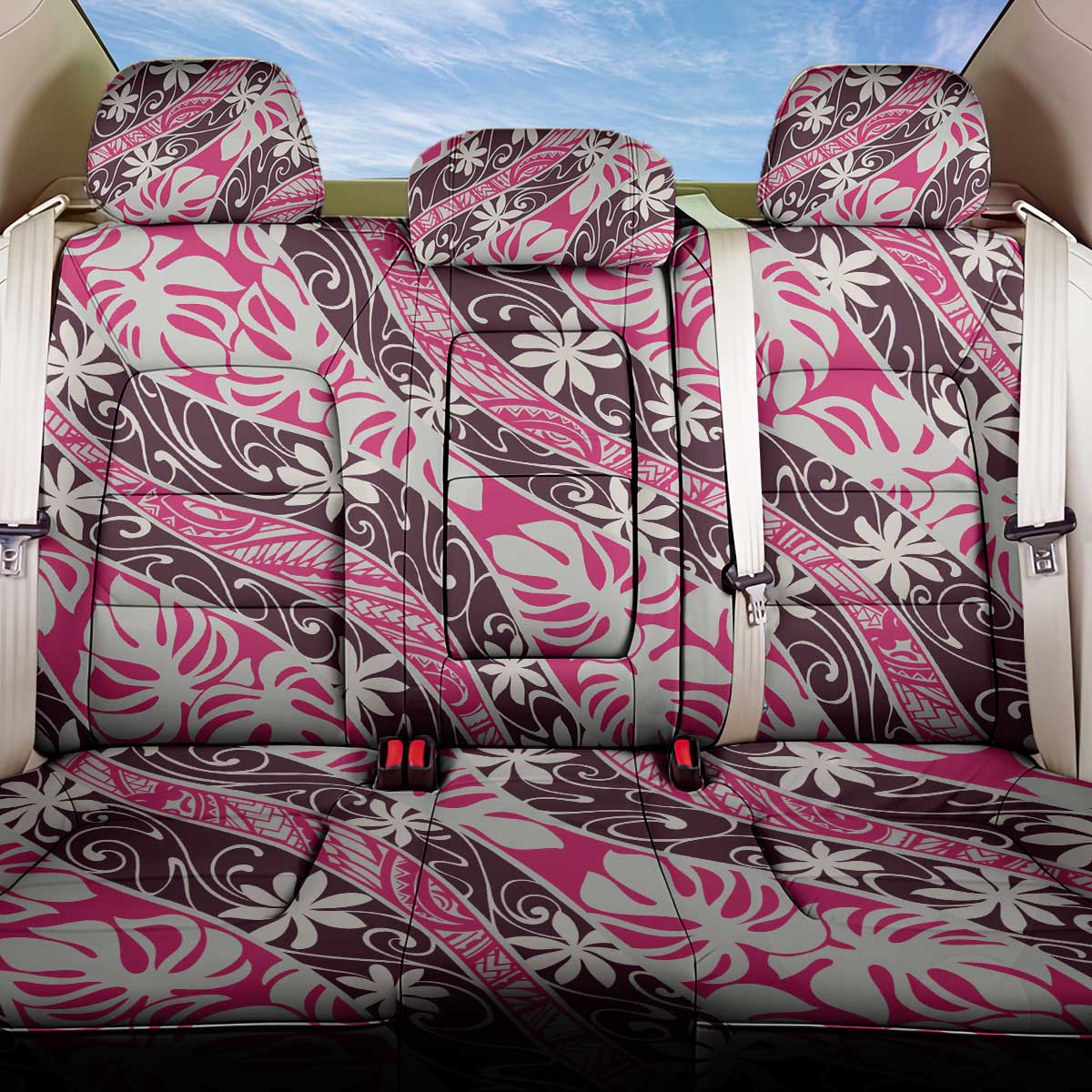 Tarona Tahiti Tiare Monstera Back Car Seat Cover Polynesian Pattern Curve Style - Polynesian Pride