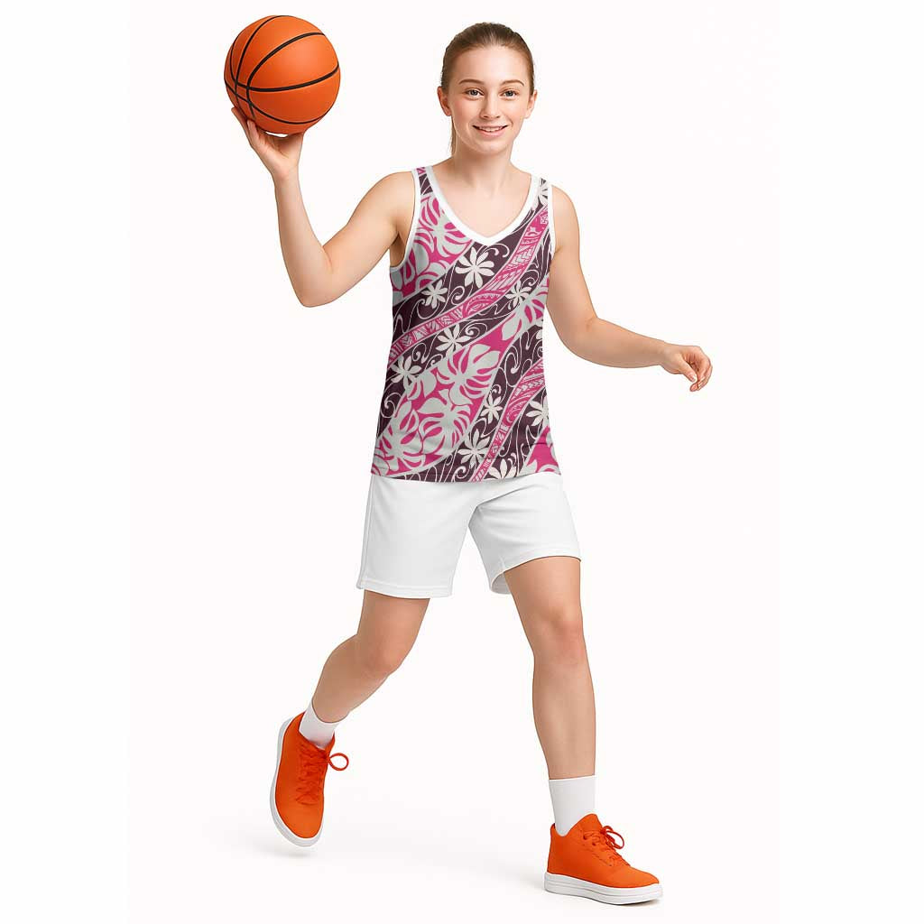 Tarona Tahiti Tiare Monstera Basketball Jersey Polynesian Pattern Curve Style - Polynesian Pride
