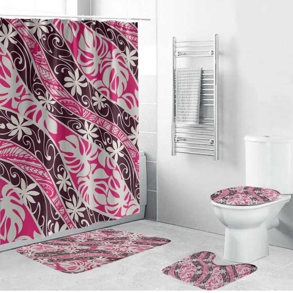 Tarona Tahiti Tiare Monstera Bathroom Set Polynesian Pattern Curve Style LT01 Bathroom Set (4 pcs) Pink - Polynesian Pride