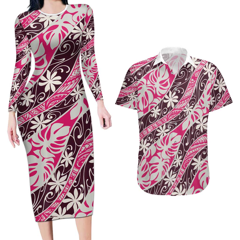Tarona Tahiti Tiare Monstera Couples Matching Long Sleeve Bodycon Dress and Hawaiian Shirt Polynesian Pattern Curve Style - Polynesian Pride