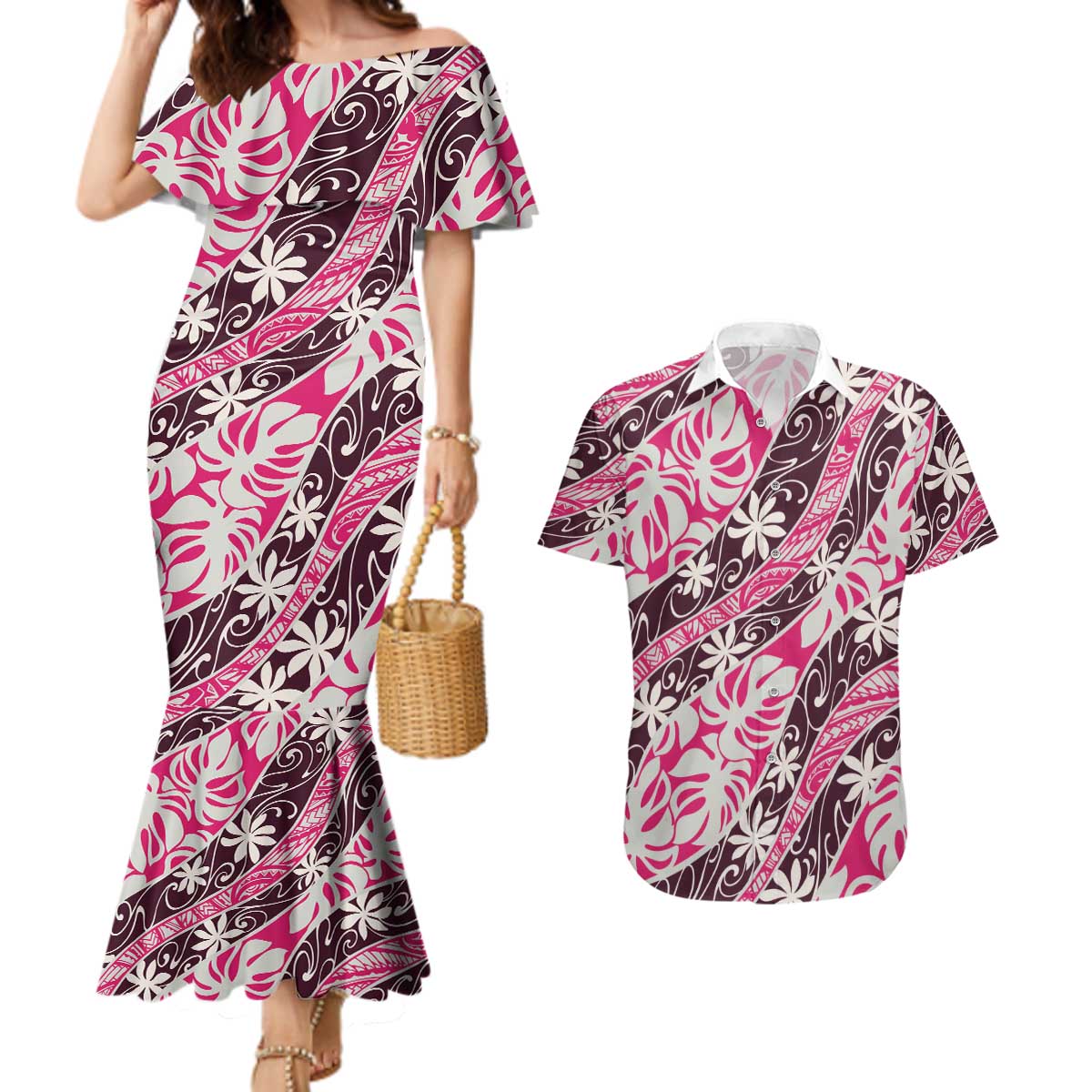 Tarona Tahiti Tiare Monstera Couples Matching Mermaid Dress and Hawaiian Shirt Polynesian Pattern Curve Style - Polynesian Pride