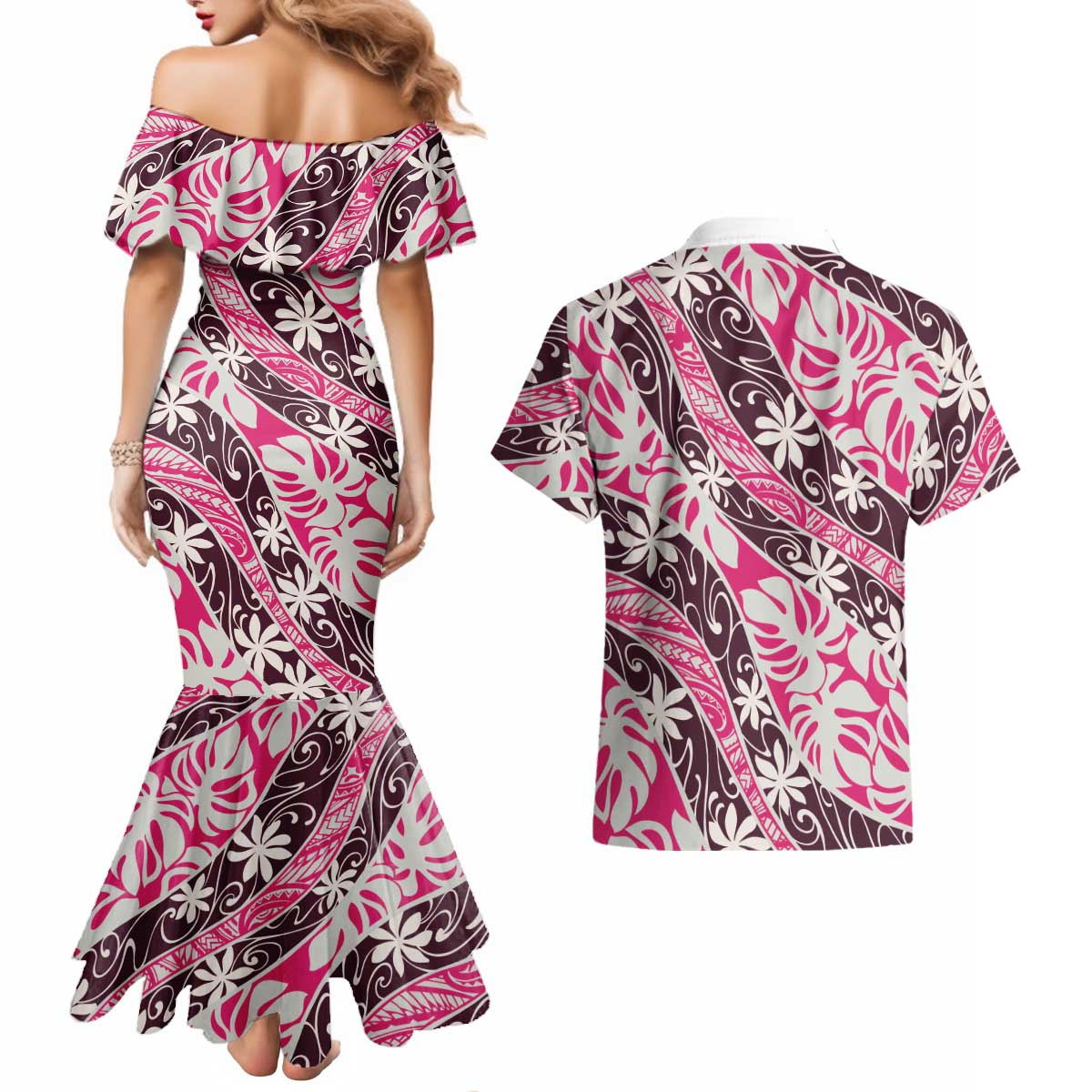 Tarona Tahiti Tiare Monstera Couples Matching Mermaid Dress and Hawaiian Shirt Polynesian Pattern Curve Style - Polynesian Pride