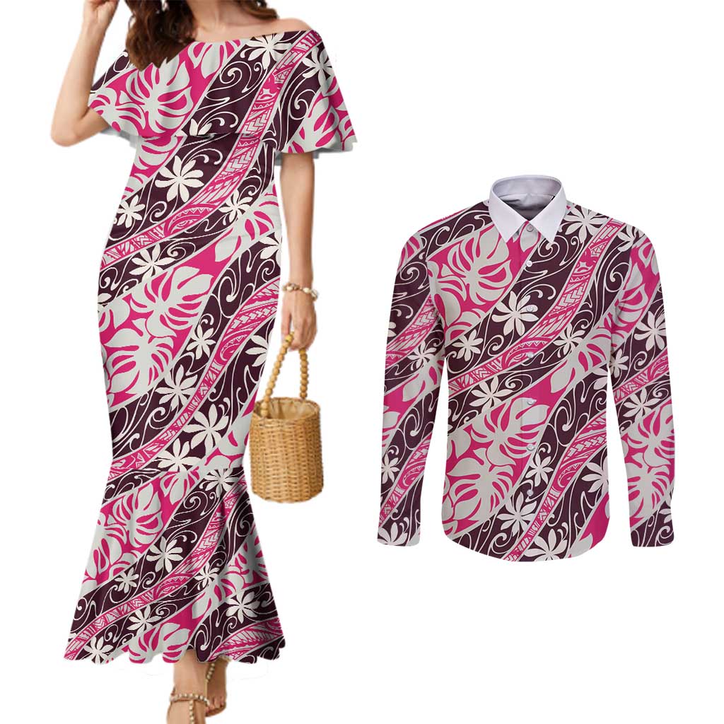 Tarona Tahiti Tiare Monstera Couples Matching Mermaid Dress and Long Sleeve Button Shirt Polynesian Pattern Curve Style - Polynesian Pride