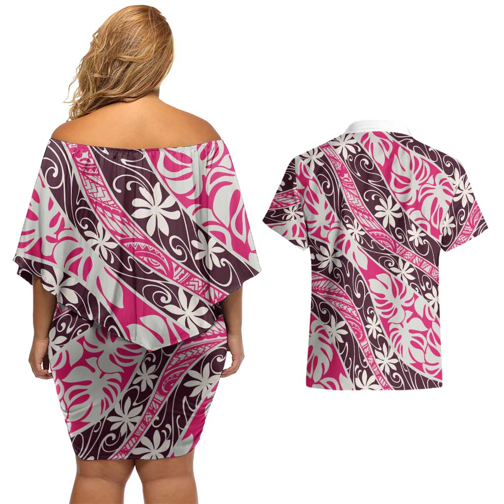 Tarona Tahiti Tiare Monstera Couples Matching Off Shoulder Short Dress and Hawaiian Shirt Polynesian Pattern Curve Style - Polynesian Pride