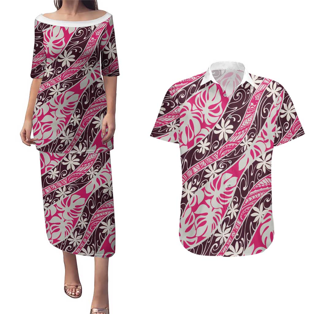 Tarona Tahiti Tiare Monstera Couples Matching Puletasi and Hawaiian Shirt Polynesian Pattern Curve Style - Polynesian Pride
