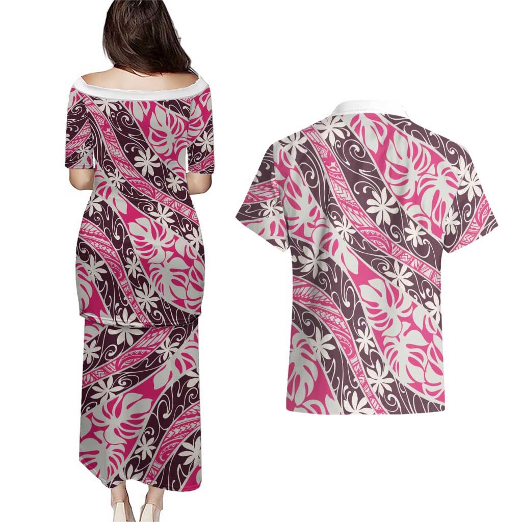 Tarona Tahiti Tiare Monstera Couples Matching Puletasi and Hawaiian Shirt Polynesian Pattern Curve Style - Polynesian Pride