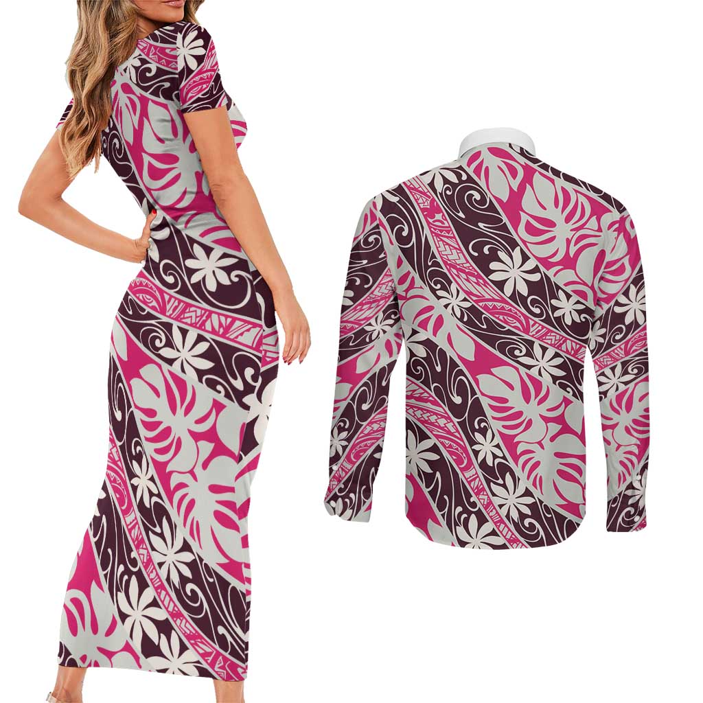 Tarona Tahiti Tiare Monstera Couples Matching Short Sleeve Bodycon Dress and Long Sleeve Button Shirt Polynesian Pattern Curve Style - Polynesian Pride