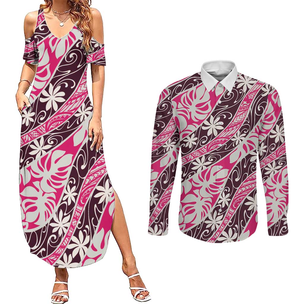 Tarona Tahiti Tiare Monstera Couples Matching Summer Maxi Dress and Long Sleeve Button Shirt Polynesian Pattern Curve Style - Polynesian Pride