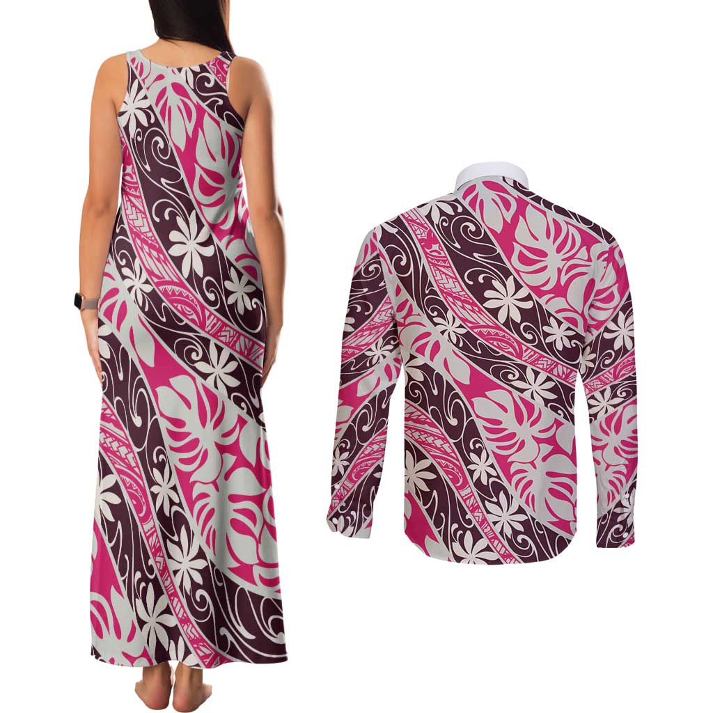 Tarona Tahiti Tiare Monstera Couples Matching Tank Maxi Dress and Long Sleeve Button Shirt Polynesian Pattern Curve Style - Polynesian Pride