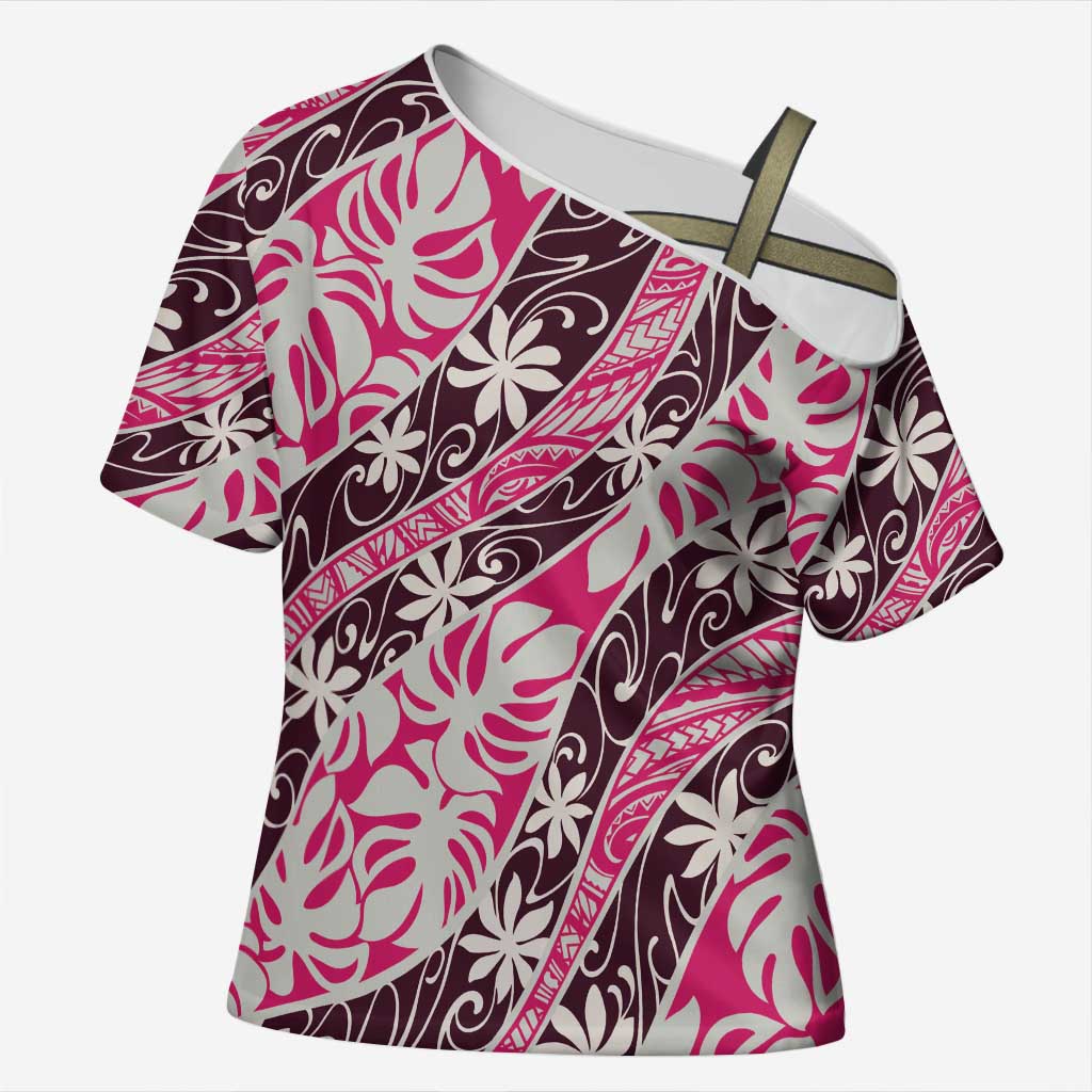 Tarona Tahiti Tiare Monstera Cross Shoulder Shirt Polynesian Pattern Curve Style - Polynesian Pride