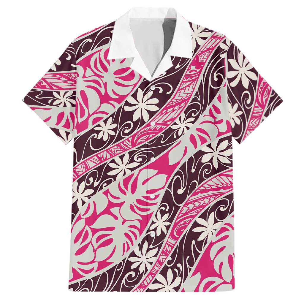 Tarona Tahiti Tiare Monstera Family Matching Long Sleeve Bodycon Dress and Hawaiian Shirt Polynesian Pattern Curve Style LT01 Dad's Shirt - Short Sleeve Pink - Polynesian Pride
