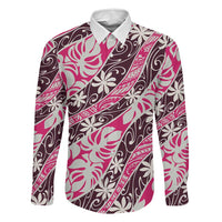 Tarona Tahiti Tiare Monstera Family Matching Mermaid Dress and Hawaiian Shirt Polynesian Pattern Curve Style LT01 Dad's Shirt - Long Sleeve Pink - Polynesian Pride