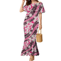Tarona Tahiti Tiare Monstera Family Matching Mermaid Dress and Hawaiian Shirt Polynesian Pattern Curve Style LT01 Mom's Dress Pink - Polynesian Pride