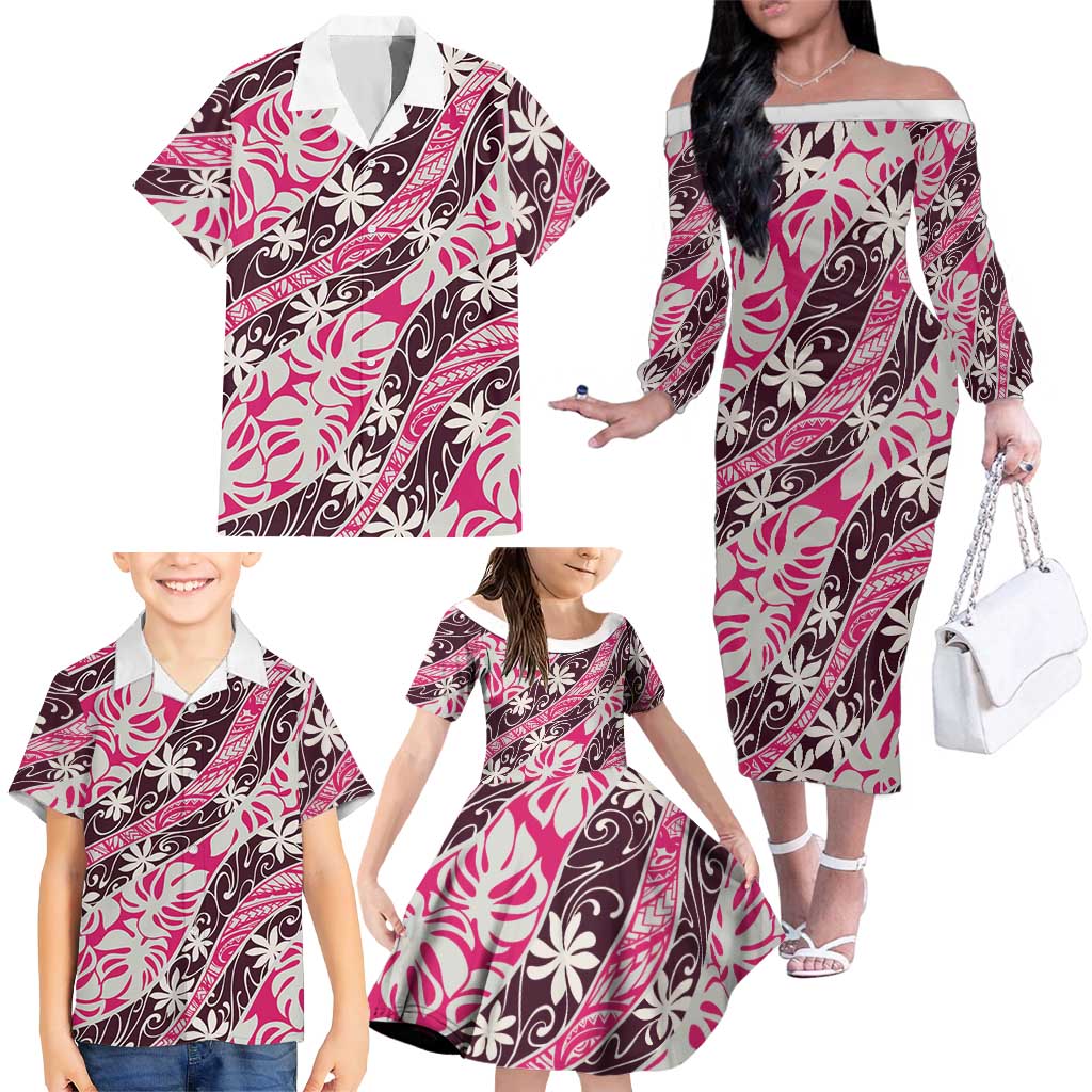 Tarona Tahiti Tiare Monstera Family Matching Off The Shoulder Long Sleeve Dress and Hawaiian Shirt Polynesian Pattern Curve Style LT01 - Polynesian Pride