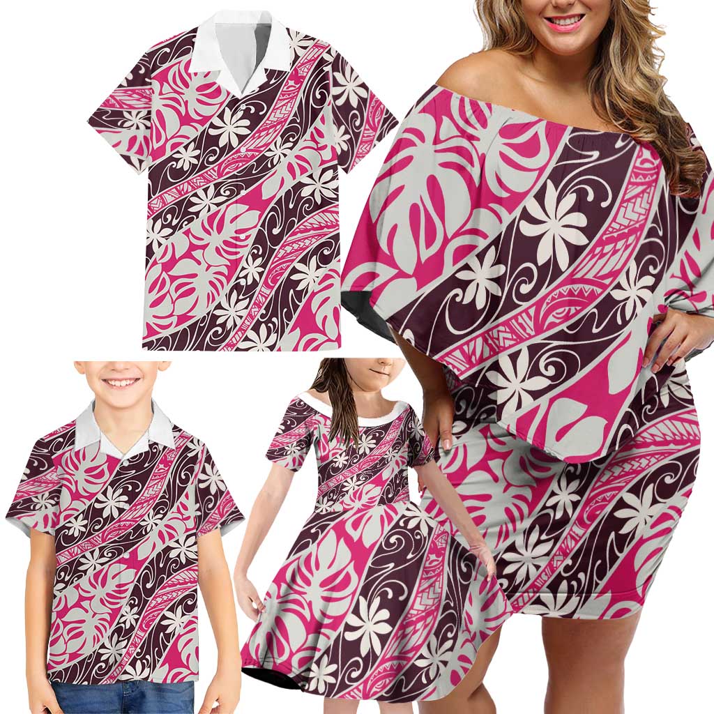 Tarona Tahiti Tiare Monstera Family Matching Off Shoulder Short Dress and Hawaiian Shirt Polynesian Pattern Curve Style - Polynesian Pride