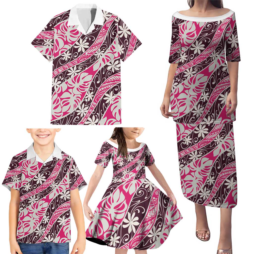 Tarona Tahiti Tiare Monstera Family Matching Puletasi and Hawaiian Shirt Polynesian Pattern Curve Style - Polynesian Pride