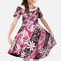 Tarona Tahiti Tiare Monstera Family Matching Short Sleeve Bodycon Dress and Hawaiian Shirt Polynesian Pattern Curve Style LT01 Daughter's Dress Pink - Polynesian Pride