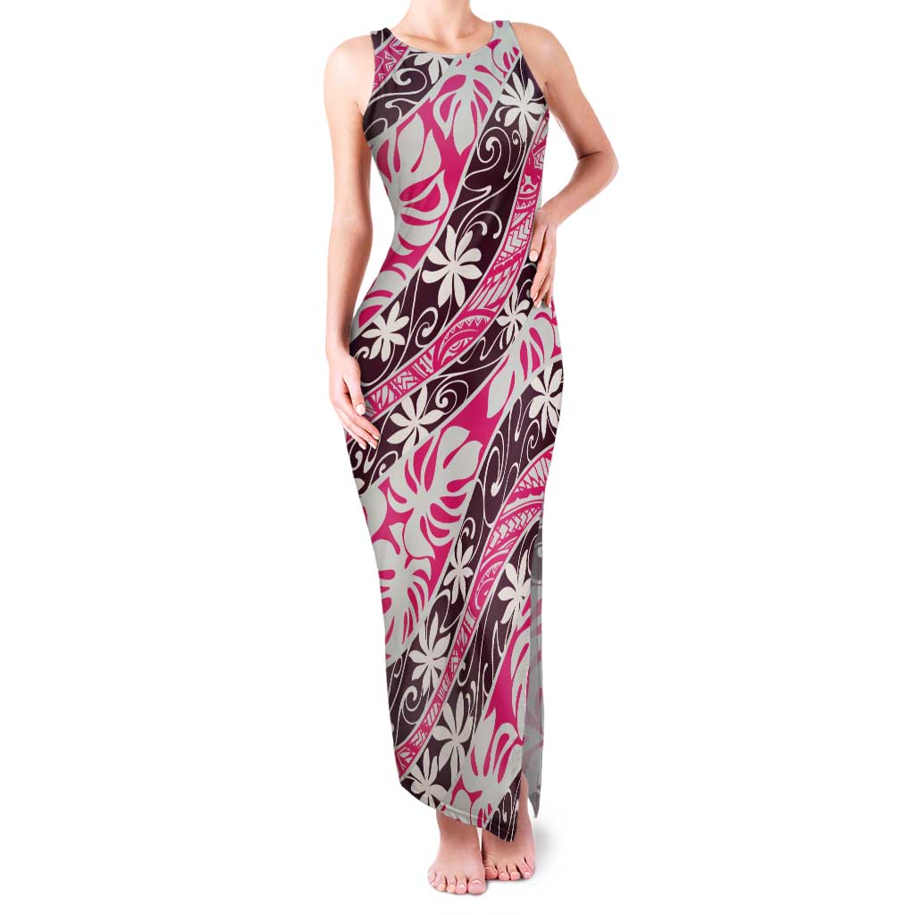Tarona Tahiti Tiare Monstera Family Matching Tank Maxi Dress and Hawaiian Shirt Polynesian Pattern Curve Style LT01 Mom's Dress Pink - Polynesian Pride