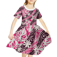 Tarona Tahiti Tiare Monstera Kid Short Sleeve Dress Polynesian Pattern Curve Style - Polynesian Pride