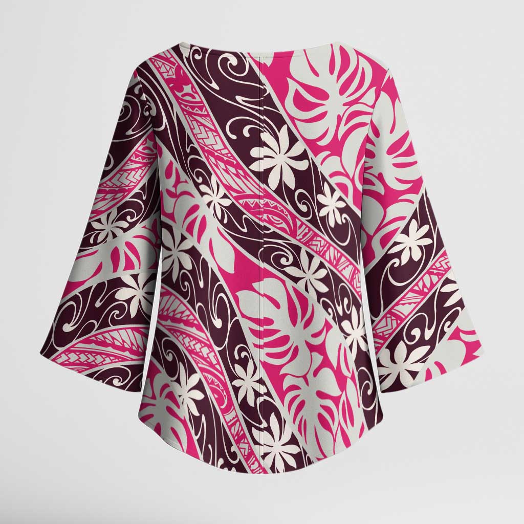 Tarona Tahiti Tiare Monstera Kimono Sleeve Blouse Polynesian Pattern Curve Style - Polynesian Pride