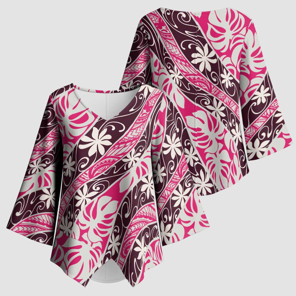 Tarona Tahiti Tiare Monstera Kimono Sleeve Blouse Polynesian Pattern Curve Style - Polynesian Pride