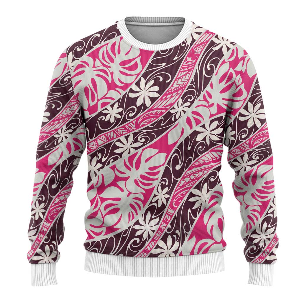 Tarona Tahiti Tiare Monstera Ugly Christmas Sweater Polynesian Pattern Curve Style - Polynesian Pride
