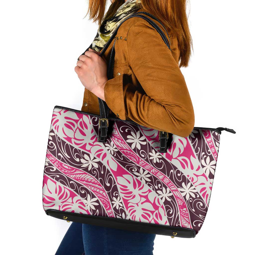 Tarona Tahiti Tiare Monstera Leather Tote Bag Polynesian Pattern Curve Style - Polynesian Pride