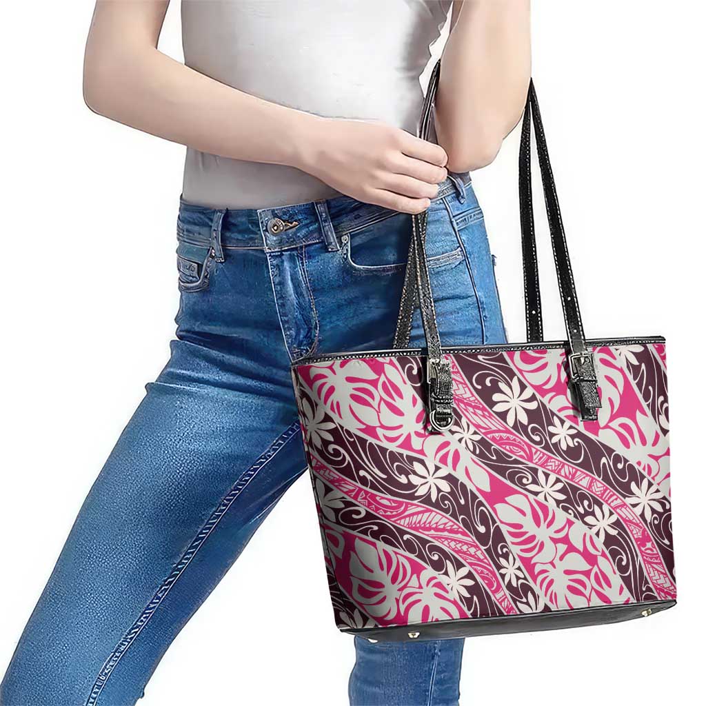 Tarona Tahiti Tiare Monstera Leather Tote Bag Polynesian Pattern Curve Style - Polynesian Pride