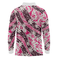 Tarona Tahiti Tiare Monstera Long Sleeve Polo Shirt Polynesian Pattern Curve Style - Polynesian Pride