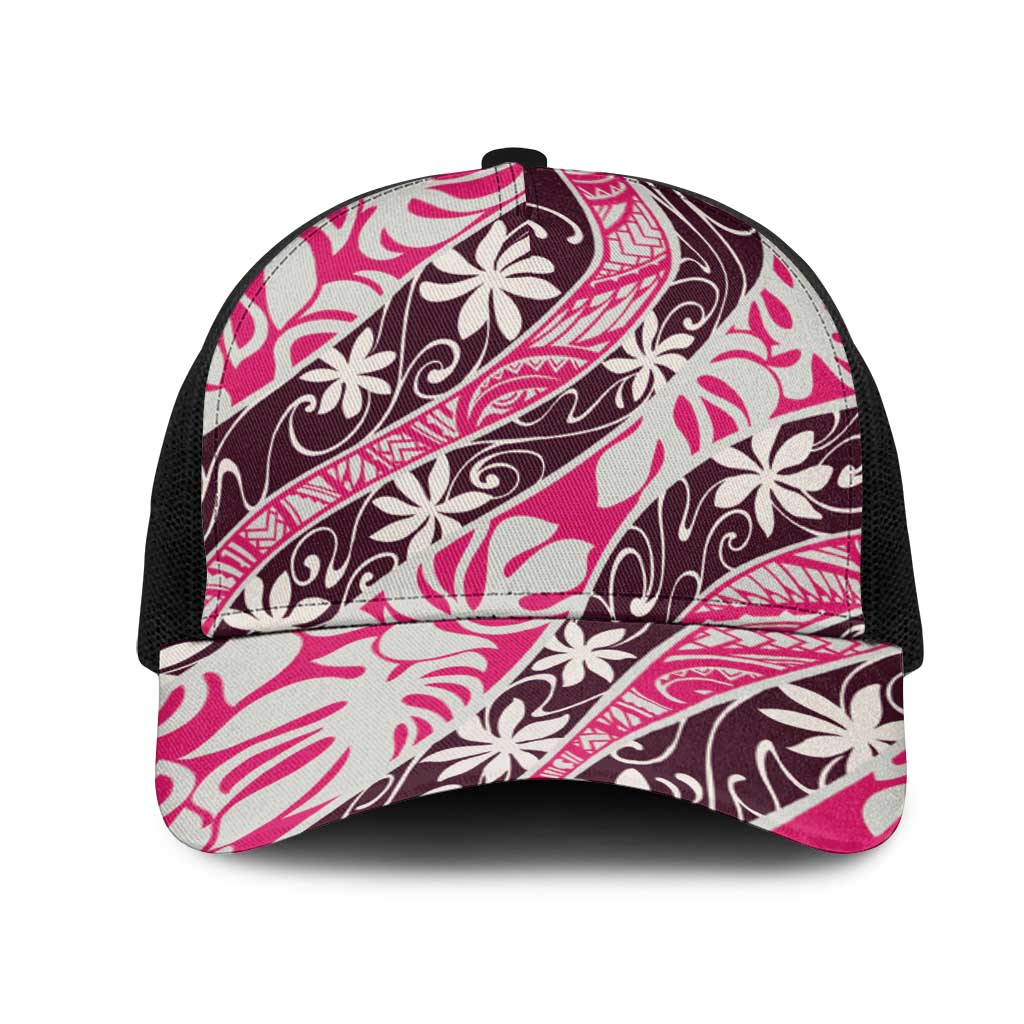 Tarona Tahiti Tiare Monstera Mesh Trucker Cap Polynesian Pattern Curve Style - Polynesian Pride