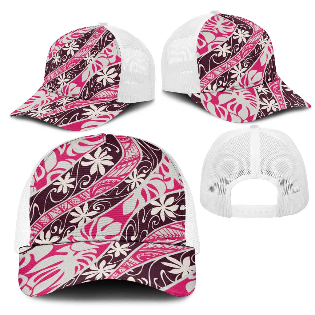 Tarona Tahiti Tiare Monstera Mesh Trucker Cap Polynesian Pattern Curve Style - Polynesian Pride