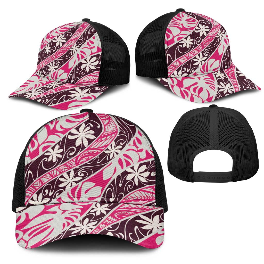 Tarona Tahiti Tiare Monstera Mesh Trucker Cap Polynesian Pattern Curve Style - Polynesian Pride