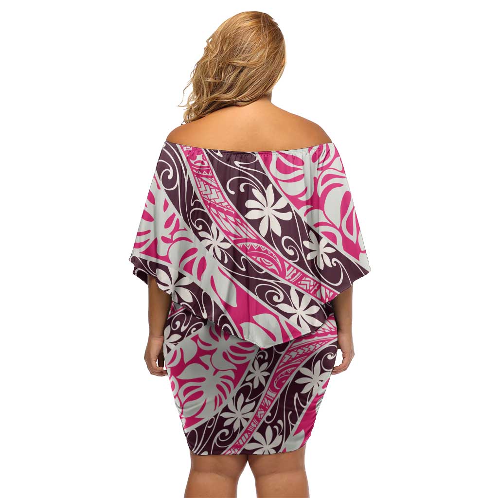 Tarona Tahiti Tiare Monstera Off Shoulder Short Dress Polynesian Pattern Curve Style - Polynesian Pride