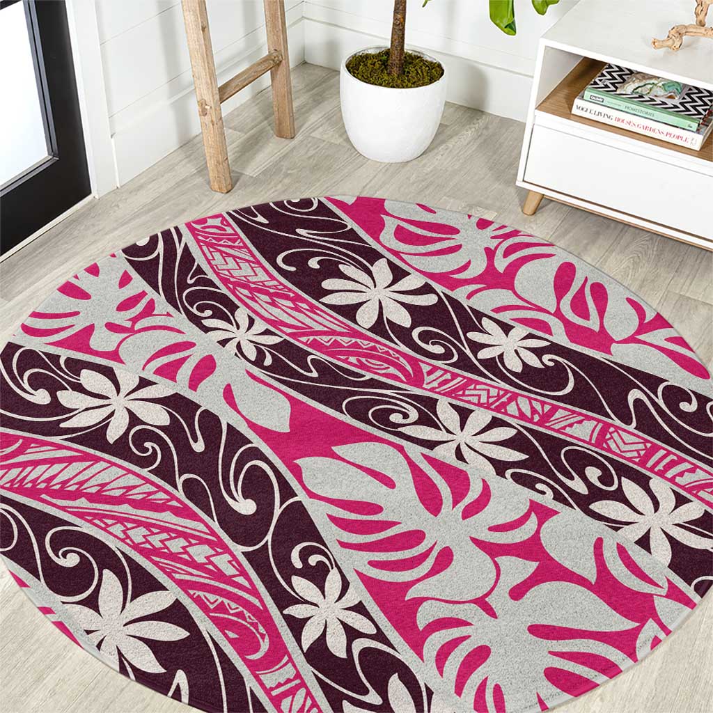 Tarona Tahiti Tiare Monstera Round Carpet Polynesian Pattern Curve Style LT01 Pink - Polynesian Pride