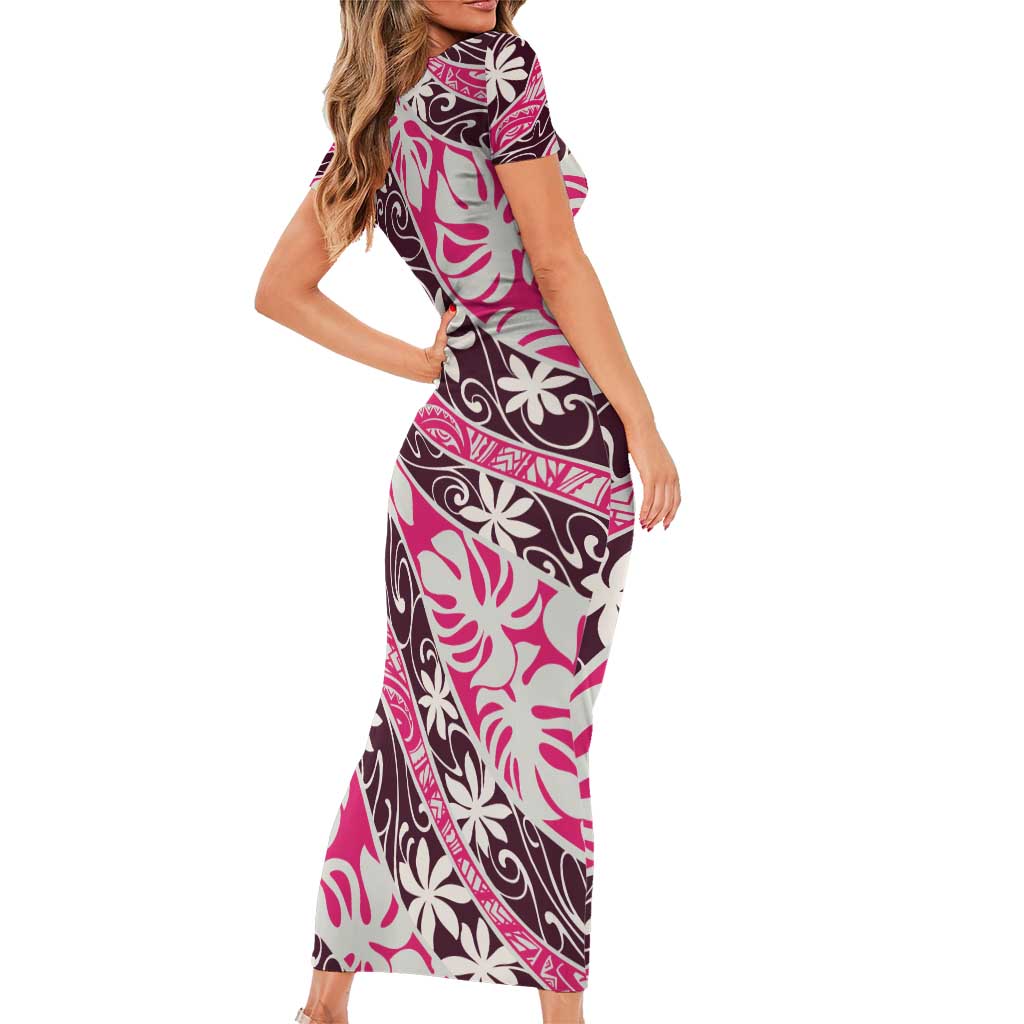 Tarona Tahiti Tiare Monstera Short Sleeve Bodycon Dress Polynesian Pattern Curve Style - Polynesian Pride
