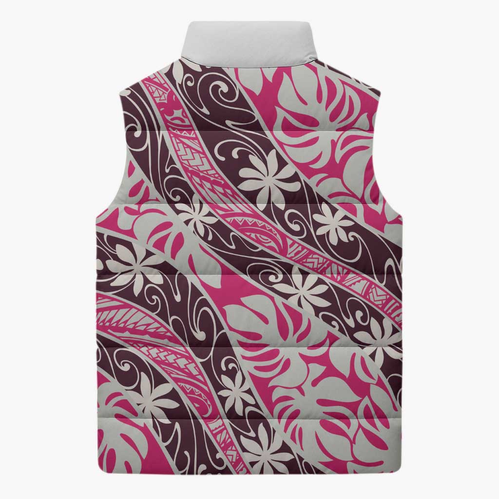 Tarona Tahiti Tiare Monstera Sleeveless Puffer Jacket Polynesian Pattern Curve Style - Polynesian Pride