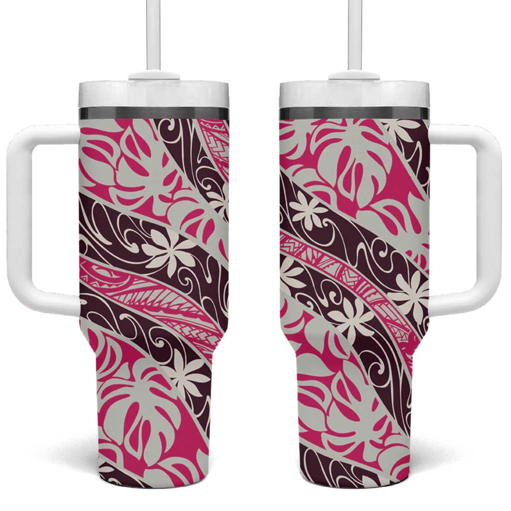 Tarona Tahiti Tiare Monstera Tumbler With Handle Polynesian Pattern Curve Style - Polynesian Pride