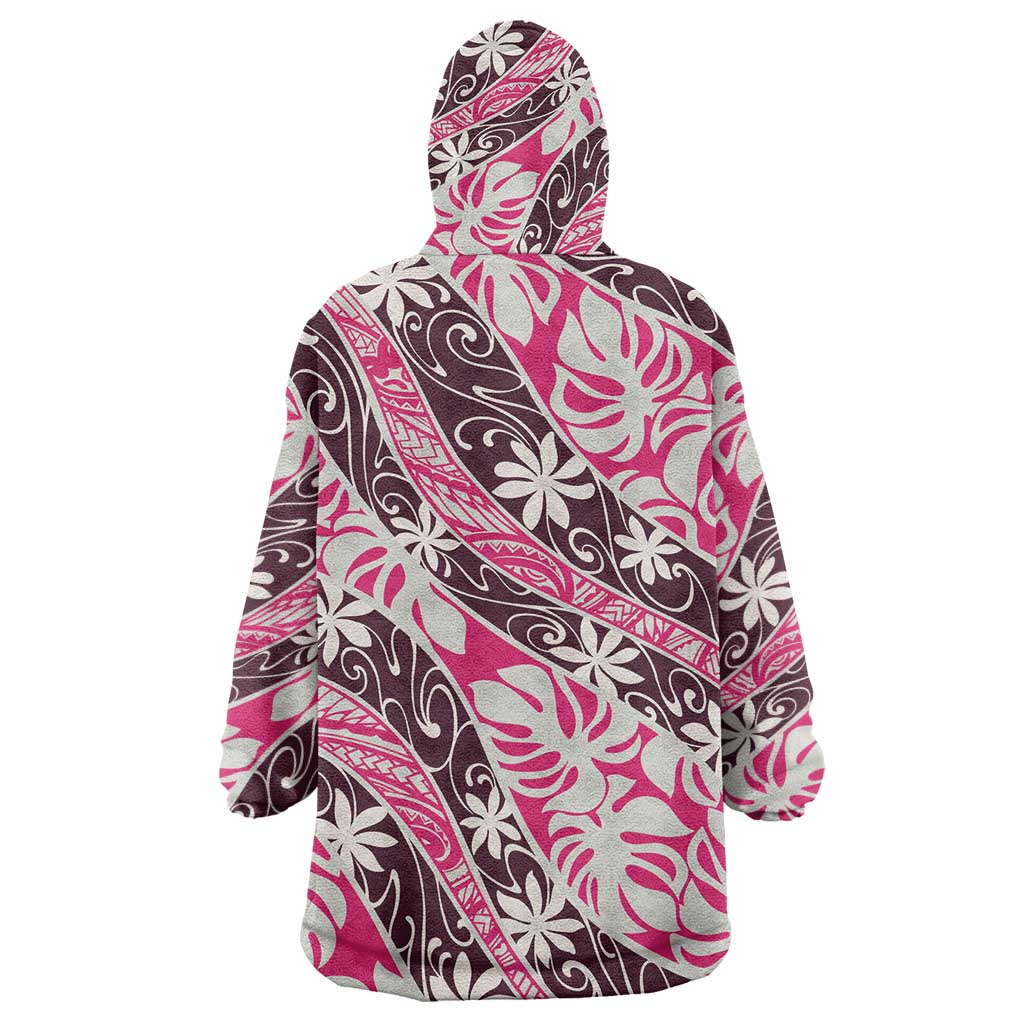 Tarona Tahiti Tiare Monstera Wearable Blanket Hoodie Polynesian Pattern Curve Style - Polynesian Pride