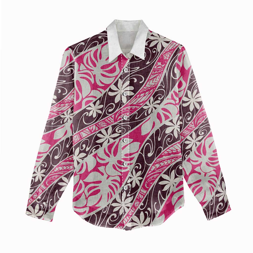 Tarona Tahiti Tiare Monstera Women Casual Shirt Polynesian Pattern Curve Style - Polynesian Pride