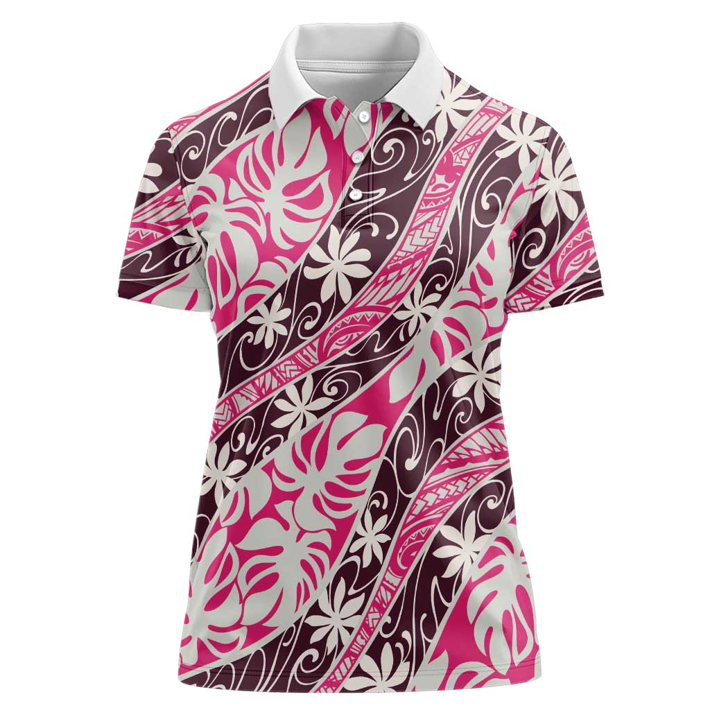 Tarona Tahiti Tiare Monstera Women Polo Shirt Polynesian Pattern Curve Style - Polynesian Pride
