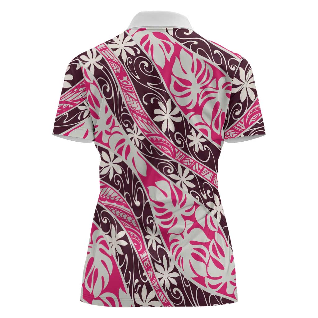 Tarona Tahiti Tiare Monstera Women Polo Shirt Polynesian Pattern Curve Style LT01 - Polynesian Pride