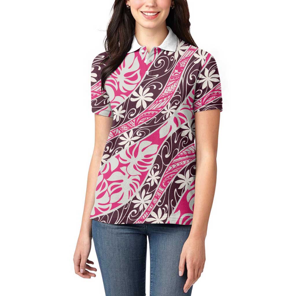 Tarona Tahiti Tiare Monstera Women Polo Shirt Polynesian Pattern Curve Style LT01 - Polynesian Pride