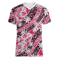 Tarona Tahiti Tiare Monstera Women V-Neck T-Shirt Polynesian Pattern Curve Style - Polynesian Pride