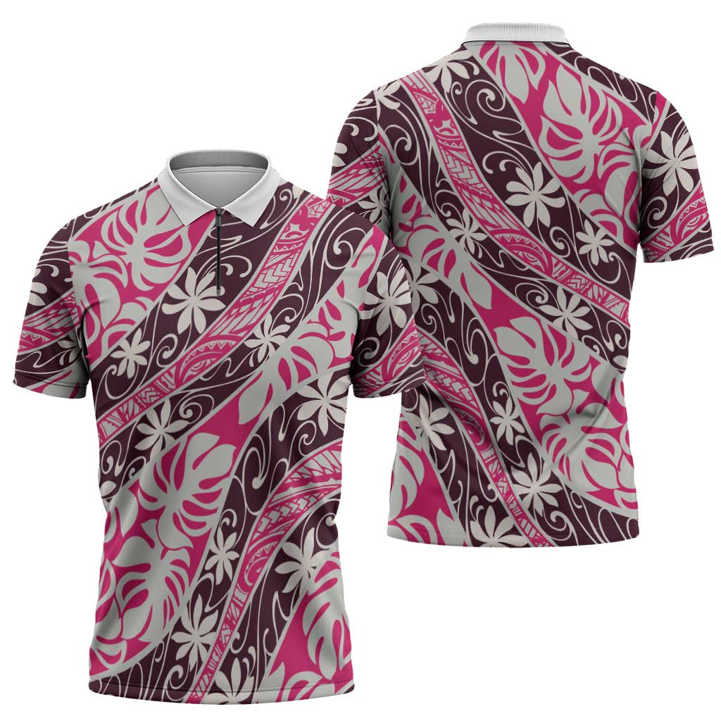 Tarona Tahiti Tiare Monstera Zipper Polo Shirt Polynesian Pattern Curve Style - Polynesian Pride