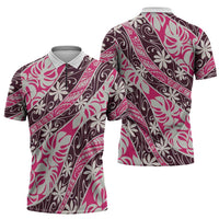 Tarona Tahiti Tiare Monstera Zipper Polo Shirt Polynesian Pattern Curve Style - Polynesian Pride