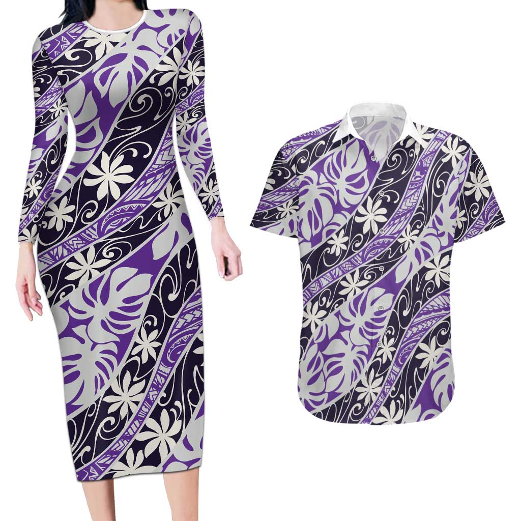 Vareau Tahiti Tiare Monstera Couples Matching Long Sleeve Bodycon Dress and Hawaiian Shirt Polynesian Pattern Curve Style - Polynesian Pride