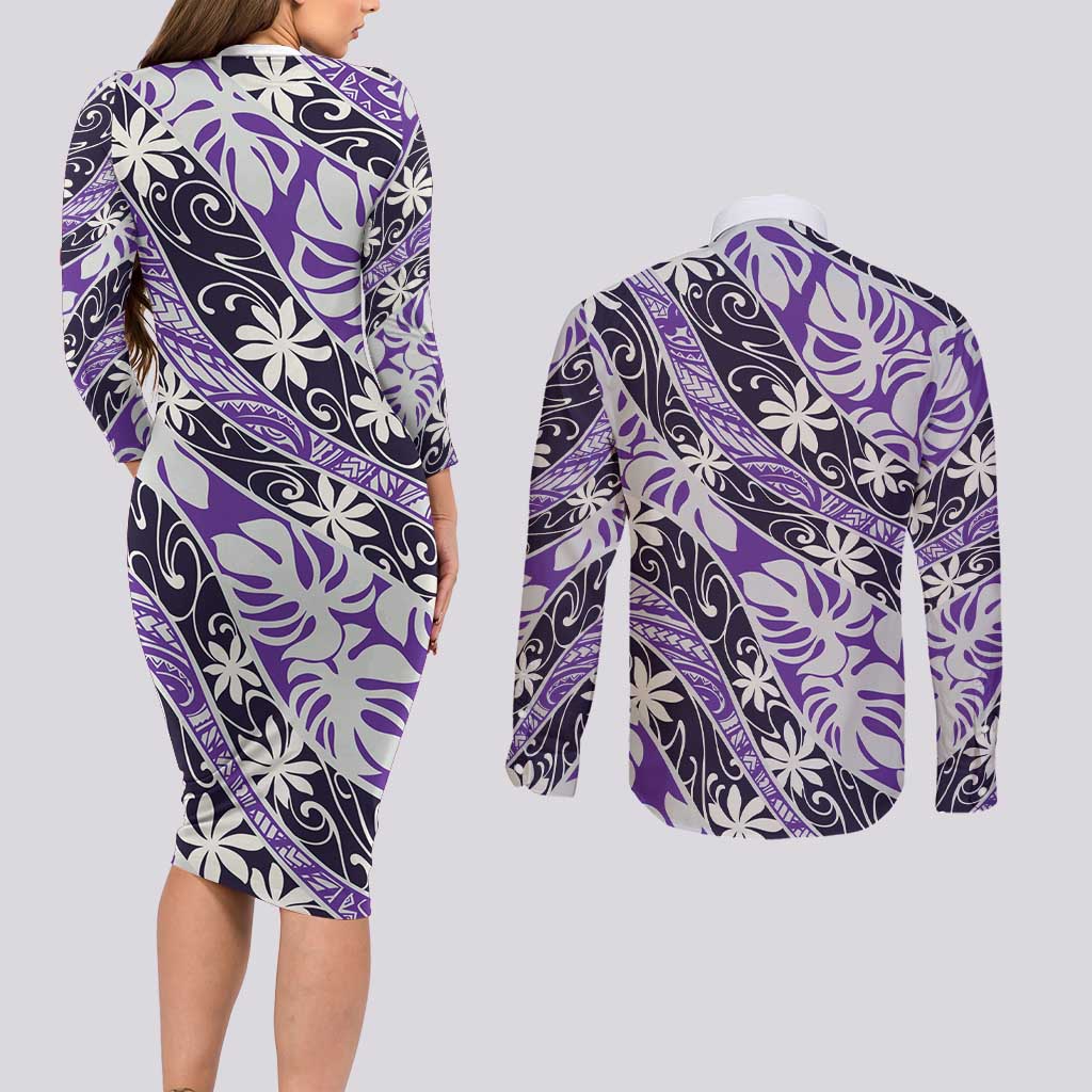 Vareau Tahiti Tiare Monstera Couples Matching Long Sleeve Bodycon Dress and Long Sleeve Button Shirt Polynesian Pattern Curve Style - Polynesian Pride