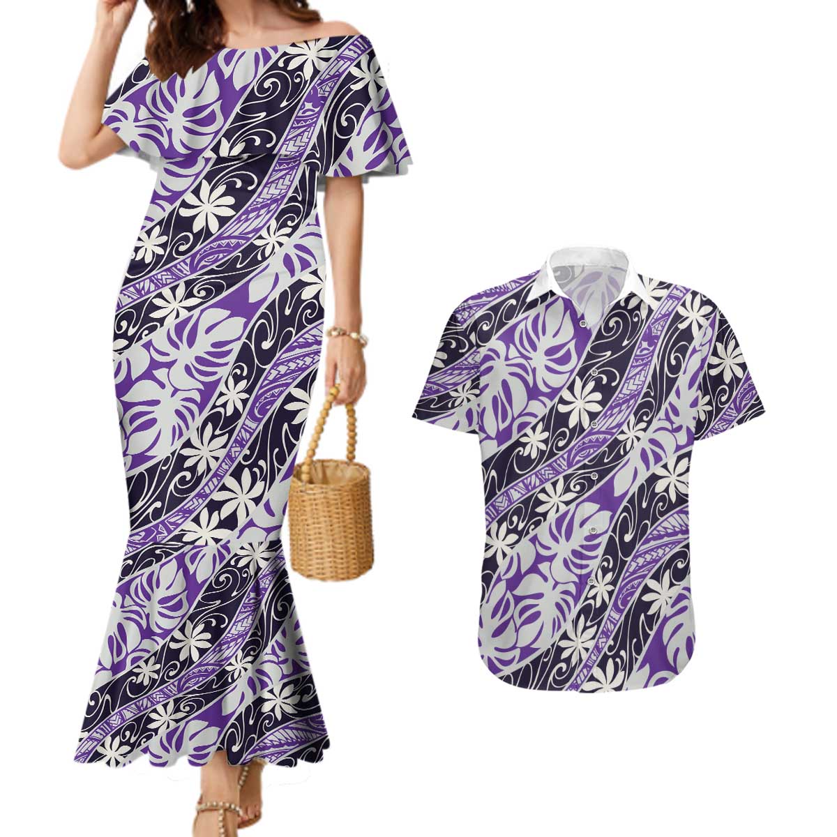 Vareau Tahiti Tiare Monstera Couples Matching Mermaid Dress and Hawaiian Shirt Polynesian Pattern Curve Style - Polynesian Pride