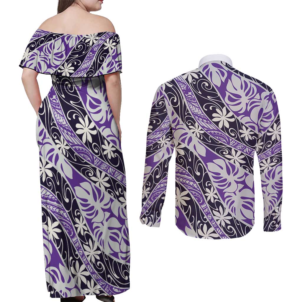 Vareau Tahiti Tiare Monstera Couples Matching Off Shoulder Maxi Dress and Long Sleeve Button Shirt Polynesian Pattern Curve Style - Polynesian Pride