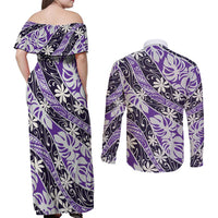 Vareau Tahiti Tiare Monstera Couples Matching Off Shoulder Maxi Dress and Long Sleeve Button Shirt Polynesian Pattern Curve Style - Polynesian Pride